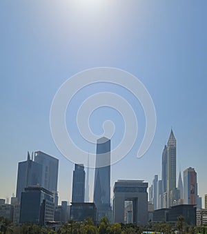 Beautiful Dubai city, bird eye view on majestic cityscape with modern new buildings, daytime panoramic scene, United Arab Emirates