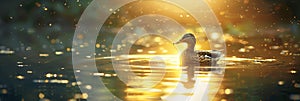 Beautiful duck splashing and bathing in a tranquil pond with empty space for text