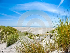 Beautiful dune landscape and long beach at North Sea photo