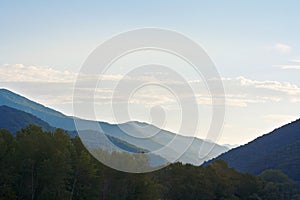 Beautiful early morning sunlight in mountains covered with forests