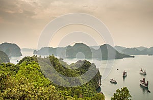 Beautiful early morning view over the islands of Ha Long Bay, Vietnam photo