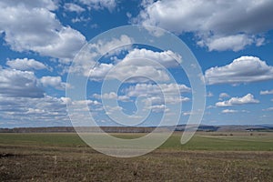 Beautiful early spring landscape with blue sky and white clouds. Pastures, rustic meadow spring landscape. world