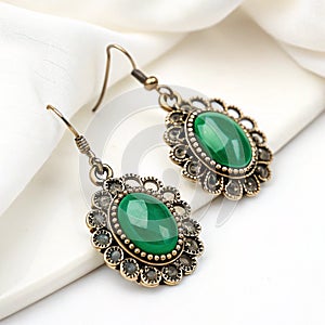 Beautiful earring with green gem stone isolated on transparent background photo