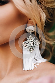 Beautiful earrings on the bride, beautiful neck, stylish hairstyle