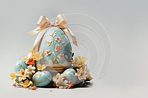 Beautiful easter background with Easter eggs, flowers and copy space at white background