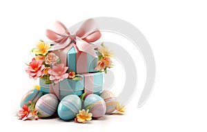 Beautiful easter background with Easter eggs, flowers and copy space at white background