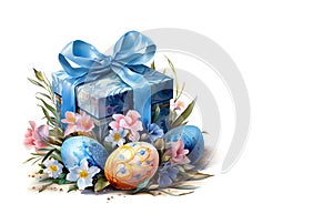 Beautiful easter background with Easter eggs, flowers and copy space at white background