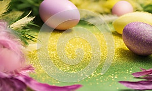 beautiful easter background with feathers. Selective focus.