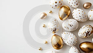 Beautiful easter background with painted golden decoration on easter eggs on white table. Top view and flat lay