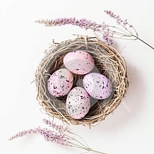 Beautiful Easter banner with spring flowers and colorful quail eggs over white background