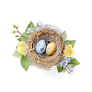 Beautiful Easter banner with spring flowers and colorful quail eggs over white background