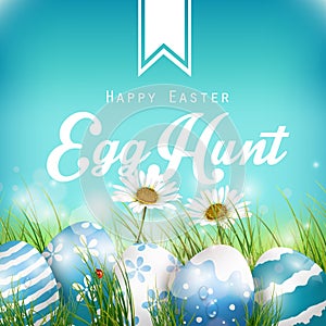 Beautiful Easter Blue Background with flowers and colored eggs in the grass