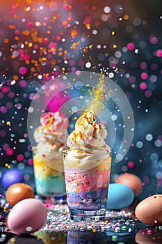 Beautiful Easter dessert and colorful eggs splash. Selective focus.