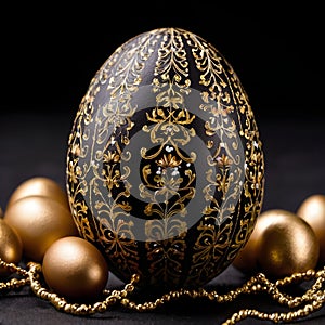 easter egg on black background, Gold and black pattern luxury easter egg.