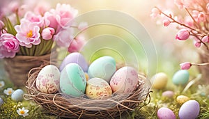 Beautiful easter eggs in basket with flowers and copy space