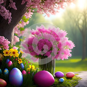 .Beautiful Easter eggs and a bouquet of purple and yellow flowers