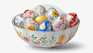 Beautiful easter eggs in a bowl isolated with copy space