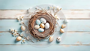 Beautiful easter eggs with flowers and copy space