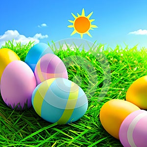 Beautiful Easter eggs on green grass against a blue sunny sky. Generative AI