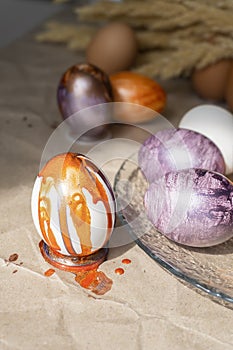 Beautiful Easter eggs lie on the table