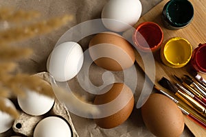 Beautiful Easter eggs lie on the table