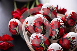 Beautiful Easter eggs painted with red poppy flowers flowers