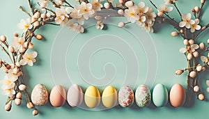 Beautiful easter eggs with spring blossoms and copy space