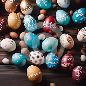 Beautiful Easter eggs on a wooden table.