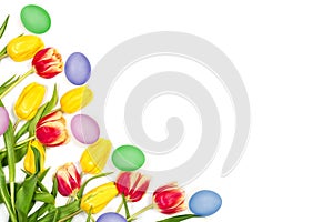 Beautiful Easter floral mockup. Red and yellow tulips and painted eggs on white background. Space for your text.