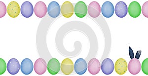 Beautiful Easter mockup. Painted Easter eggs with arranged in a frame. One egg with denim textile bunny ears. Seamless pattern.