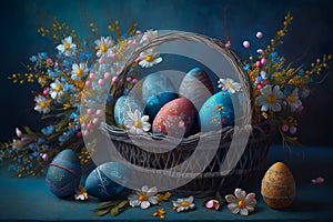 Beautiful Easter still life - painted eggs in a basket and bouquets of wild flowers on a blue background