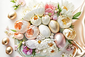 Beautiful Easter table decoration spring flowers and colorful Easter eggs. AI Generated