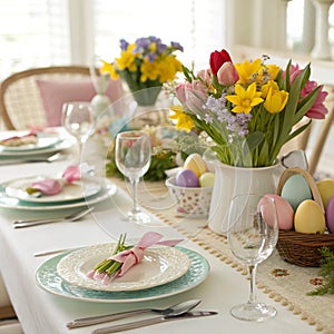 Easter table setting with flowers