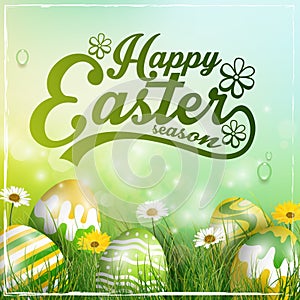 Beautiful Easter yellow green Background with flowers and colorful eggs in the grass