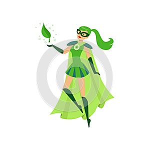 Beautiful eco superhero girl soar in air