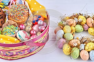 Beautiful egg wreath and basket with sprinkling glazed easter cakes.