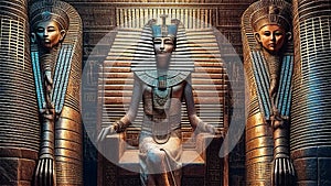 The beautiful Egyptian goddess-pharaoh Hatshepsut sits on a golden throne in the Dendera temple