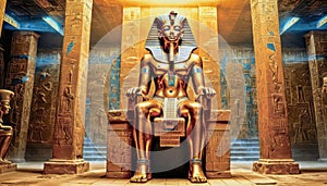 The beautiful Egyptian goddess-pharaoh Tutankhamun sits on a golden throne in the temple of Thebes