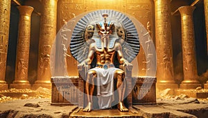 The beautiful Egyptian goddess-pharaoh Tutankhamun sits on a golden throne in the temple of Thebes