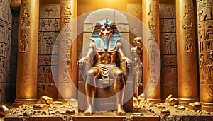 The beautiful Egyptian goddess-pharaoh Tutankhamun sits on a golden throne in the temple of Thebes