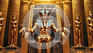 The beautiful Egyptian goddess-pharaoh Tutankhamun sits on a golden throne in the temple of Thebes