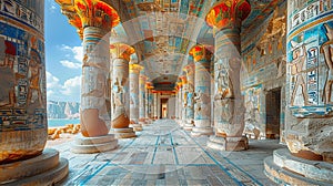 Beautiful Egyptian temple, columns with reliefs and hieroglyphs inspired by ancient architecture as in Abydos.