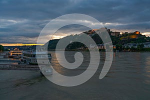 Beautiful Ehrenbreitstein fortress in the evening over the Rhine river in Koblenz, Germany