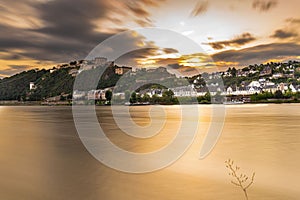 Beautiful Ehrenbreitstein fortress at sunset over the Rhine river in Koblenz, Germany