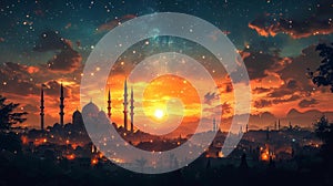 A stunning Eid al-Adha scene with glowing lights and mosque silhouettes photo
