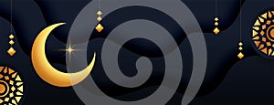 beautiful eid ul fitr dark banner with golden islamic crescent