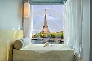 Beautiful Eiffel tower view at window in resort