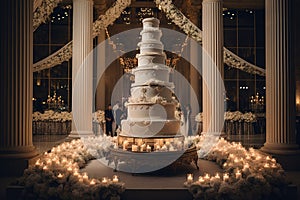 A beautiful, elaborate wedding cake displayed proudly on a table, adding a touch of elegance and joy to any celebration, An