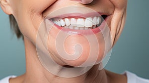 Beautiful elder womans smile with healthy white, straight teeth close-up on light background with space for text