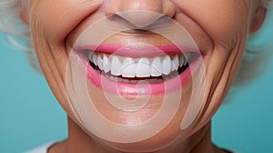 Beautiful elder womans smile with healthy white, straight teeth close-up on light background with space for text